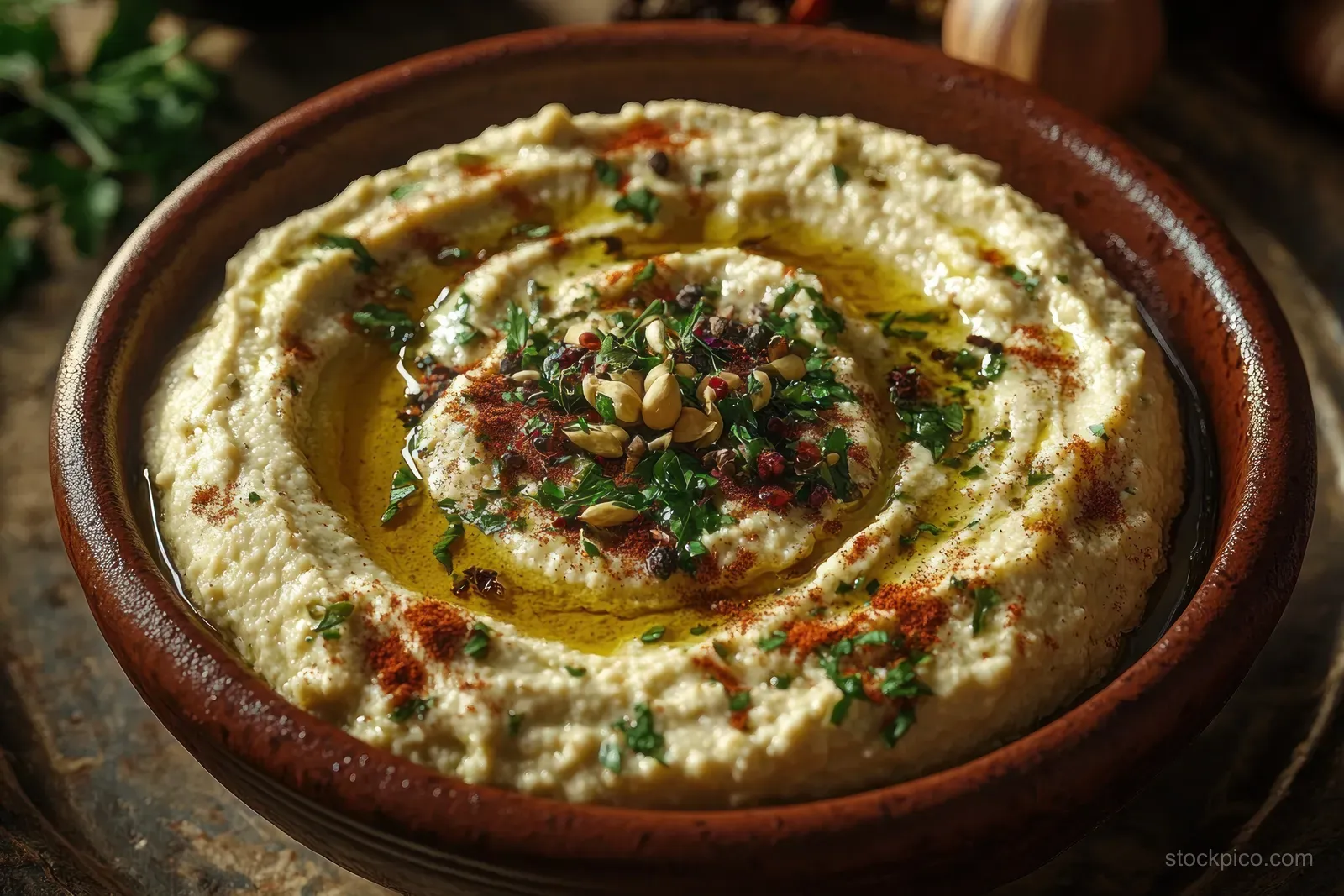 Creamy Hummus Close-Up with Olive Oil, Herbs, and Paprika in a Rustic Bowl