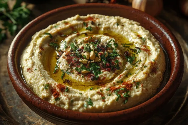 Creamy Hummus Close-Up with Olive Oil, Herbs, and Paprika in a Rustic Bowl
