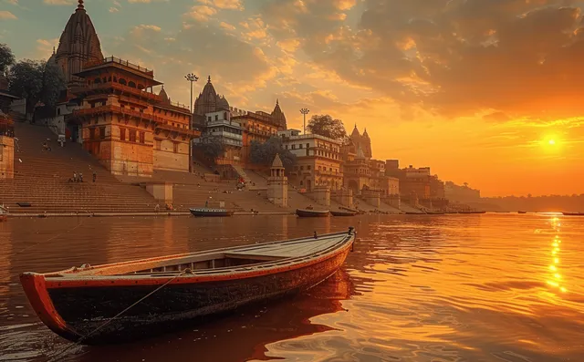 Traditional boat moored at a Varanasi ghat as Hindu temple buildings and the Ganges glow in sunset light.