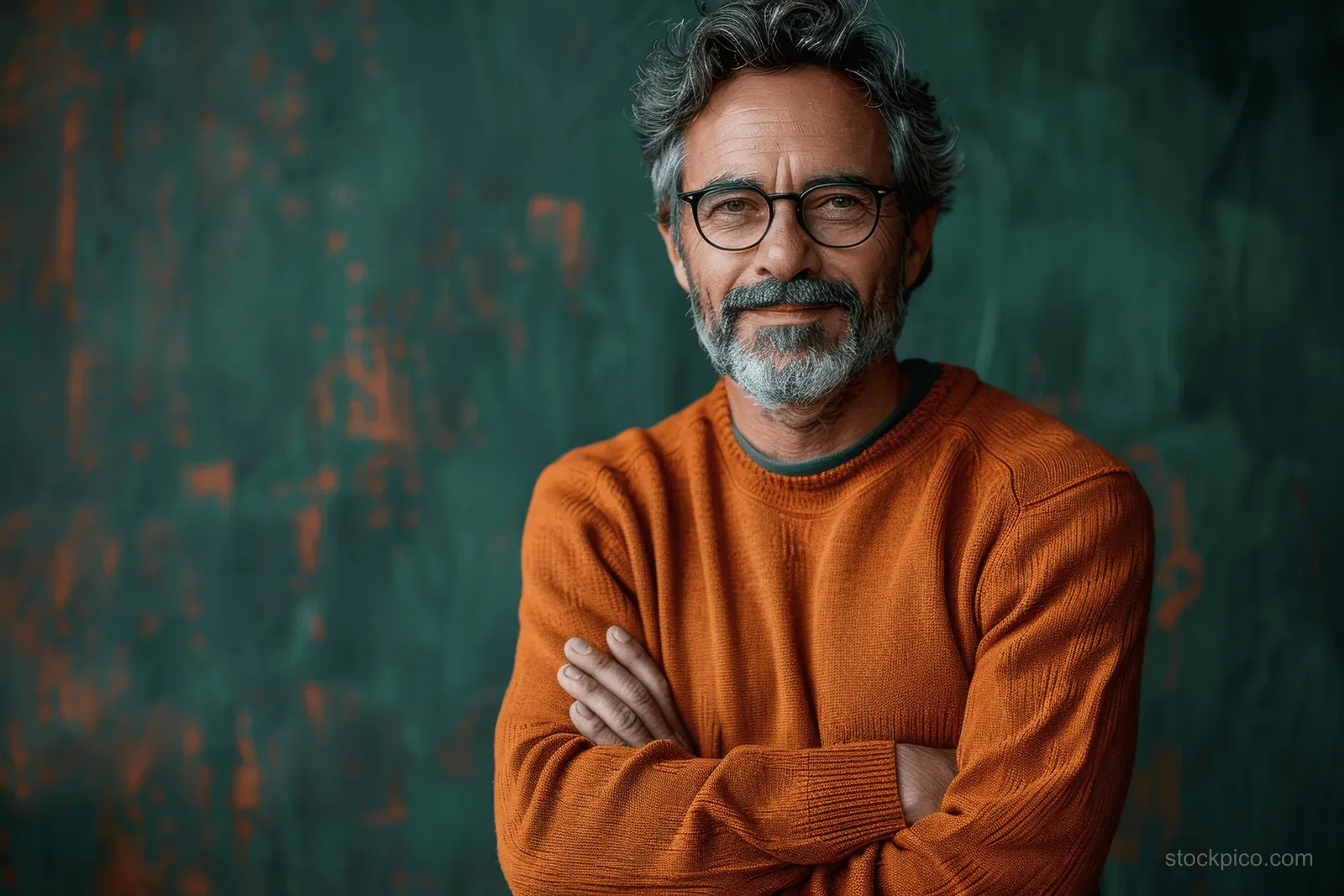 Smiling man in an orange sweater and glasses stands confidently with crossed arms against a green background.