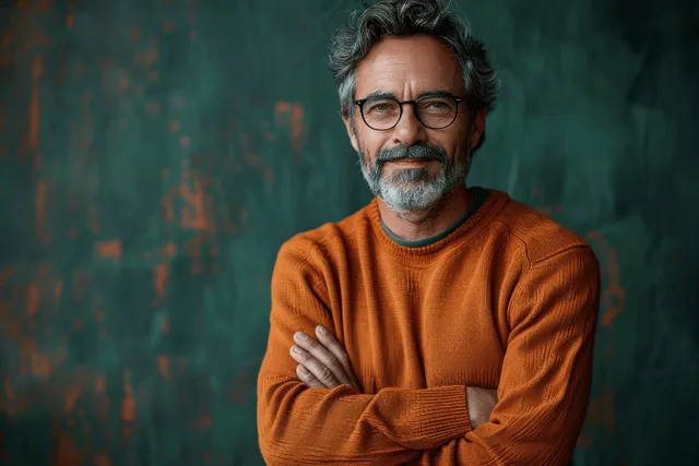 Smiling man in an orange sweater and glasses stands confidently with crossed arms against a green background.