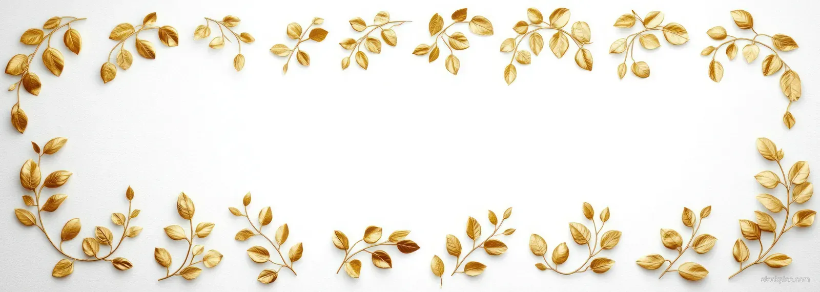 Golden laurel wreath frame with symmetrical leaves and scattered sprigs on a light background.