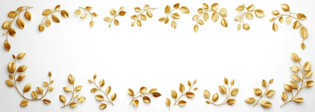Golden laurel wreath frame with symmetrical leaves and scattered sprigs on a light background.