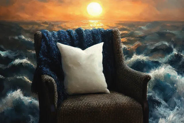 Wicker armchair with a white pillow and navy knitted blanket facing an ocean sunset with foamy waves.