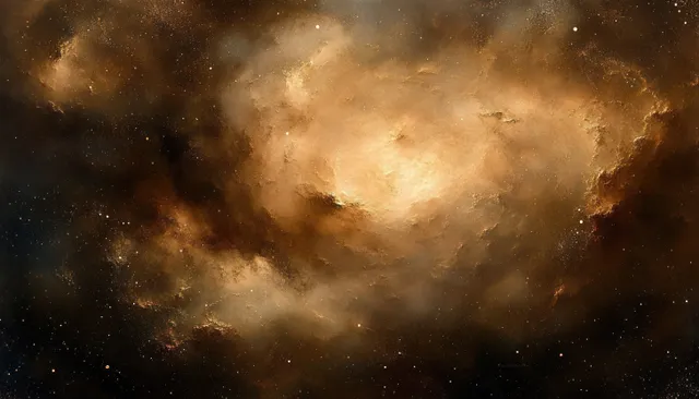 A glowing golden nebula with dense gas and dust clouds surrounded by scattered stars in deep space.