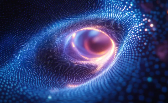 Abstract glowing tunnel vortex of blue and purple light dots spiraling into a bright center.