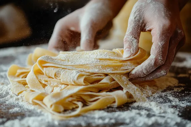 Hands dust fresh homemade pasta noodles with flour on a floured work surface.