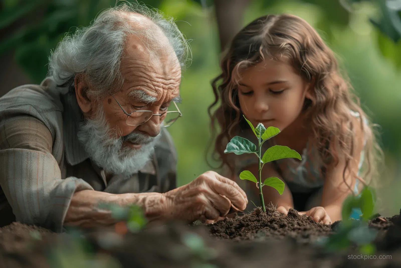 Grandfather and granddaughter plant a memorial sapling in a sunny forest while placing soil around its roots.