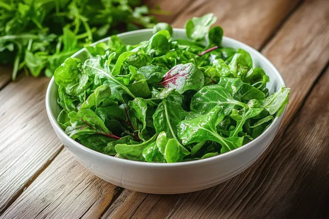 Fresh leafy green salad with arugula, spinach, and seasonal vegetables in a white bowl on a rustic wooden surface.