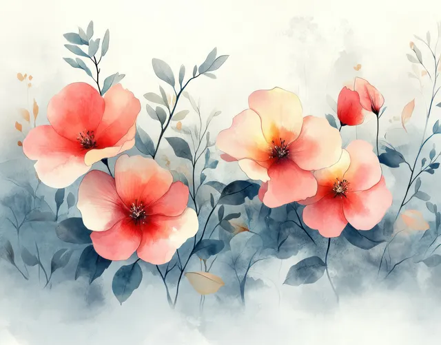 Watercolor autumn floral bouquet with eucalyptus leaves, soft misty background, delicate brushwork