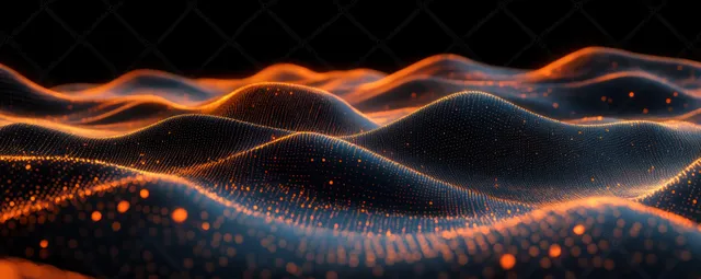 Futuristic abstract landscape of orange dotted waves across a dark 3D grid