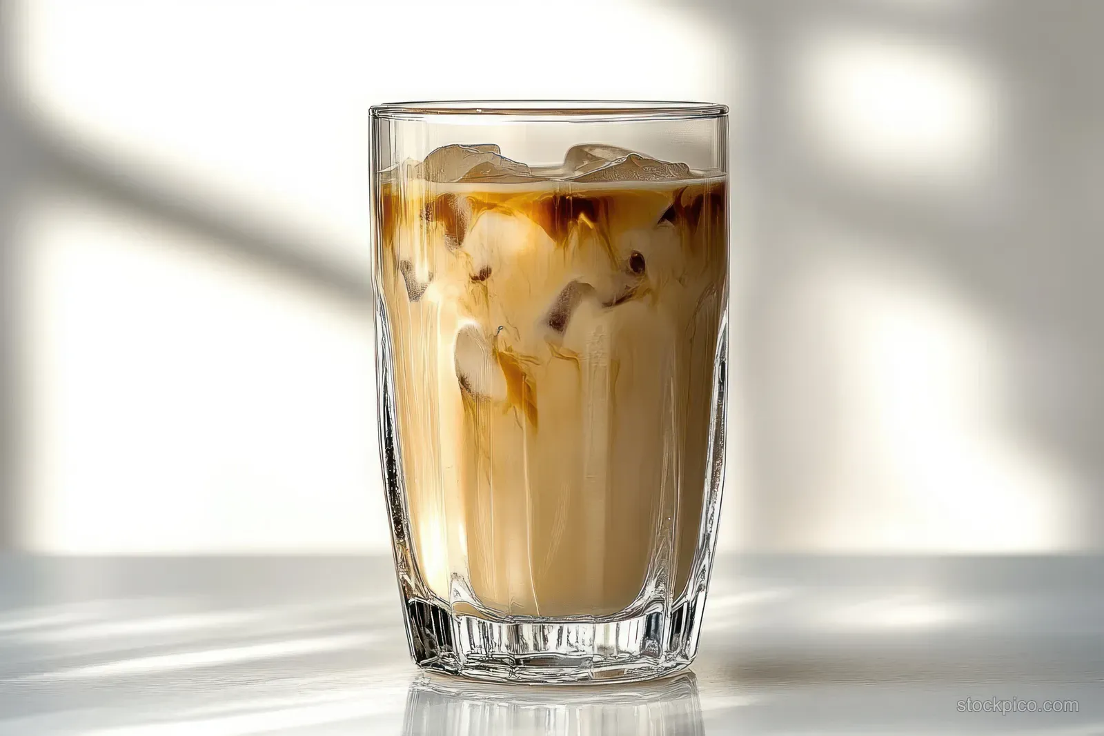 Transparent glass of iced coffee with milk and ice cubes on a white surface under soft light.