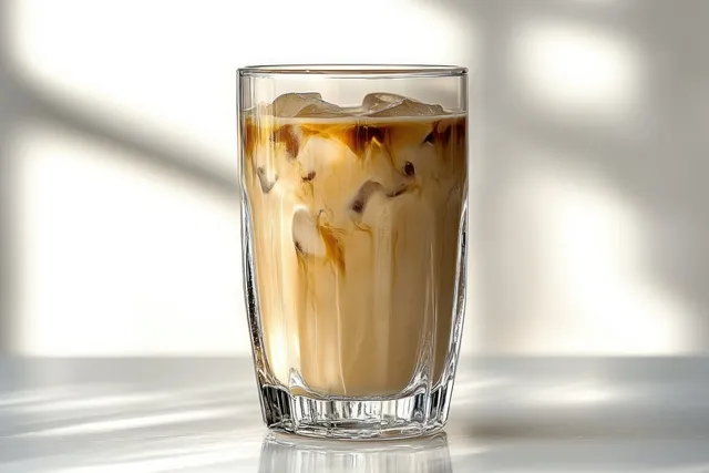 Close-up iced coffee in a transparent glass with milk layers and ice cubes on white