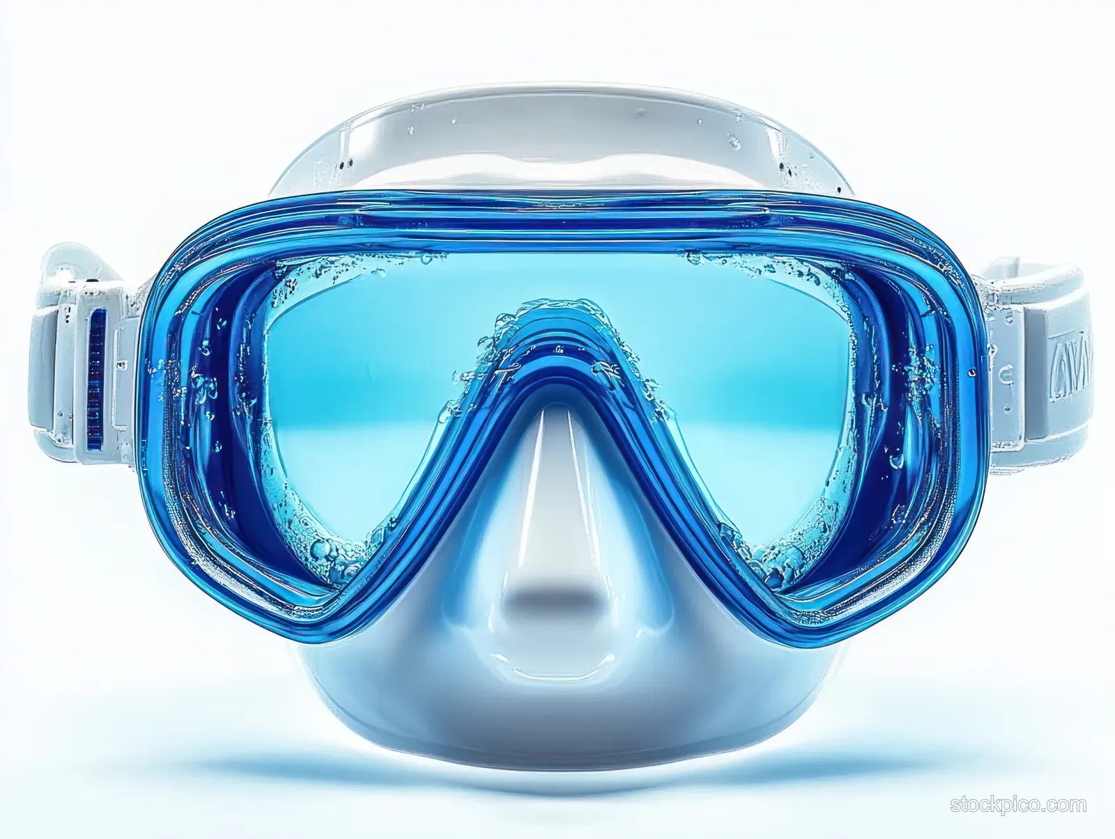 Blue and white diving mask close-up with water droplets and bubbles visible in the lenses on a white background.