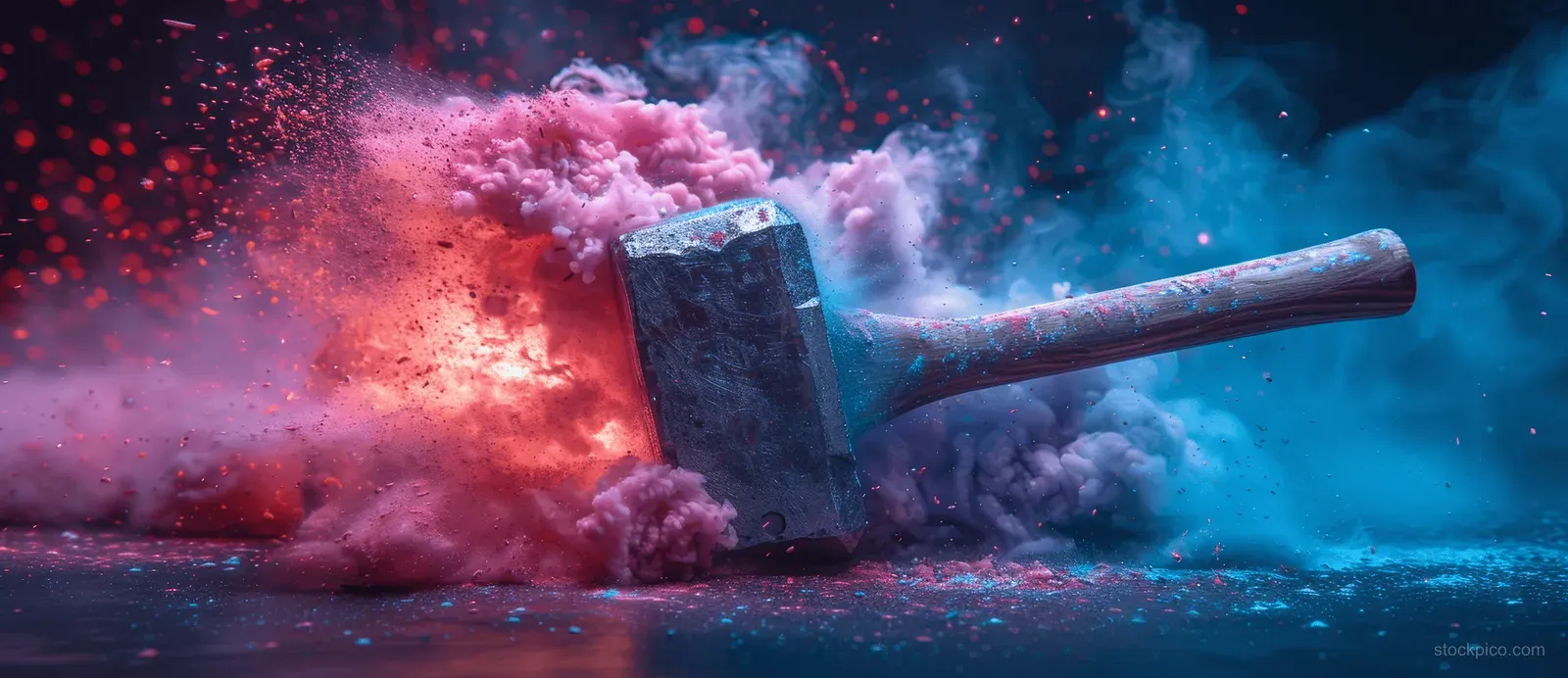A sledgehammer impact bursts into red, blue, and purple dust clouds in a dark studio setting.
