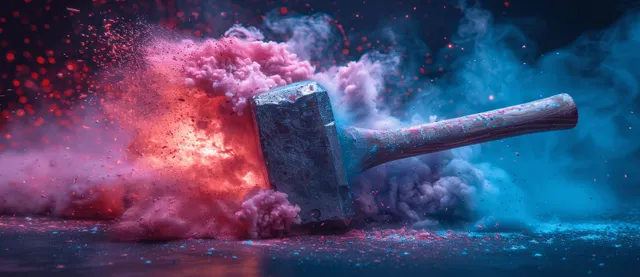 A sledgehammer impact bursts into red, blue, and purple dust clouds in a dark studio setting.