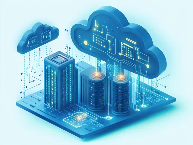 Cloud-shaped data servers on a blue circuit board connected by glowing circuit lines and data signals.