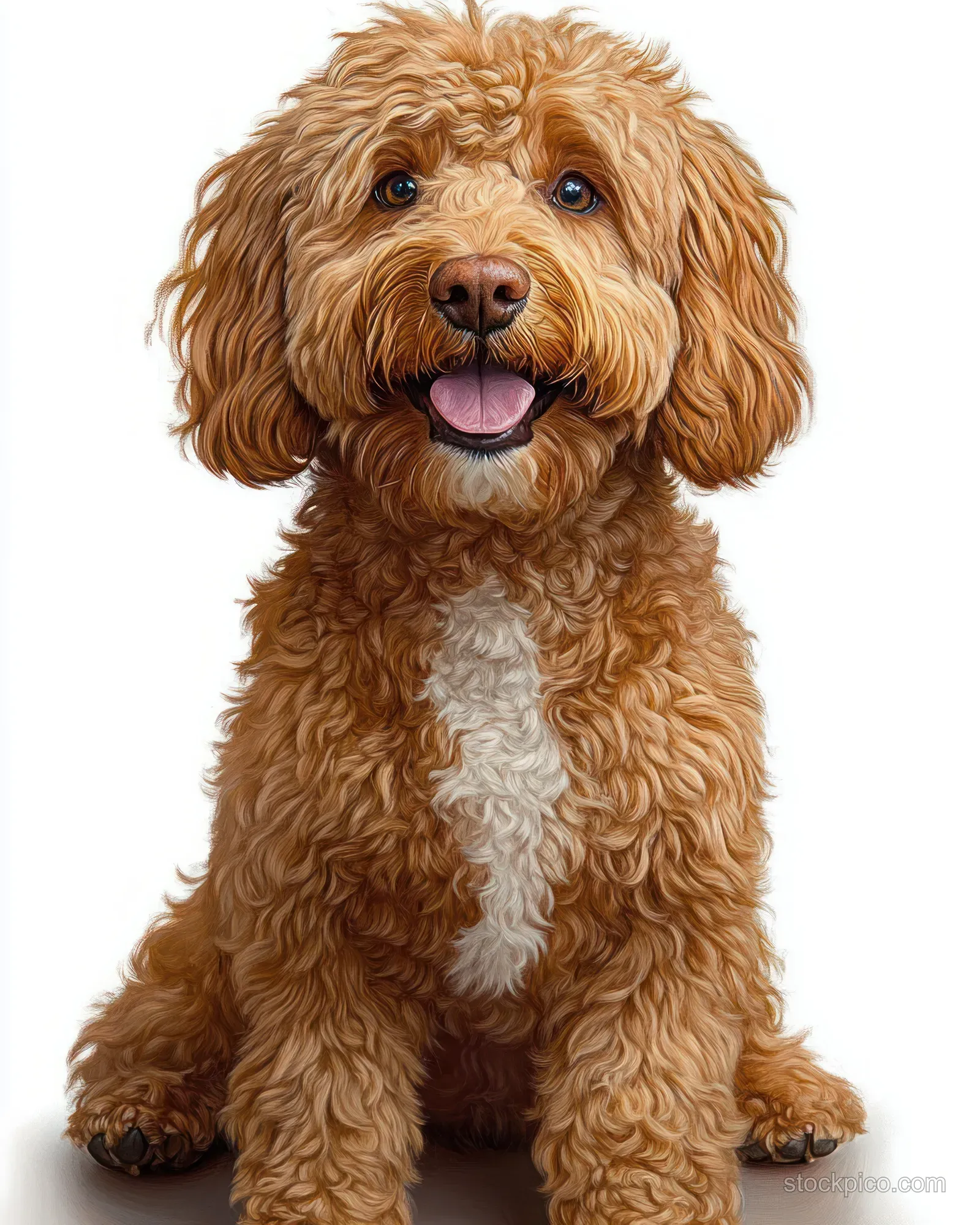 Curly brown and white dog sits indoors facing the camera with tongue out.