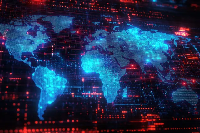 Blue illuminated world map with glowing data points and red circuit lines
