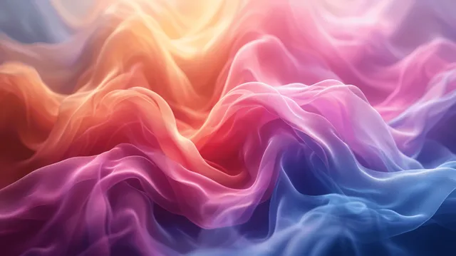 Swirling neon ribbon waves with gradient glow and soft smoky translucence in abstract backdrop