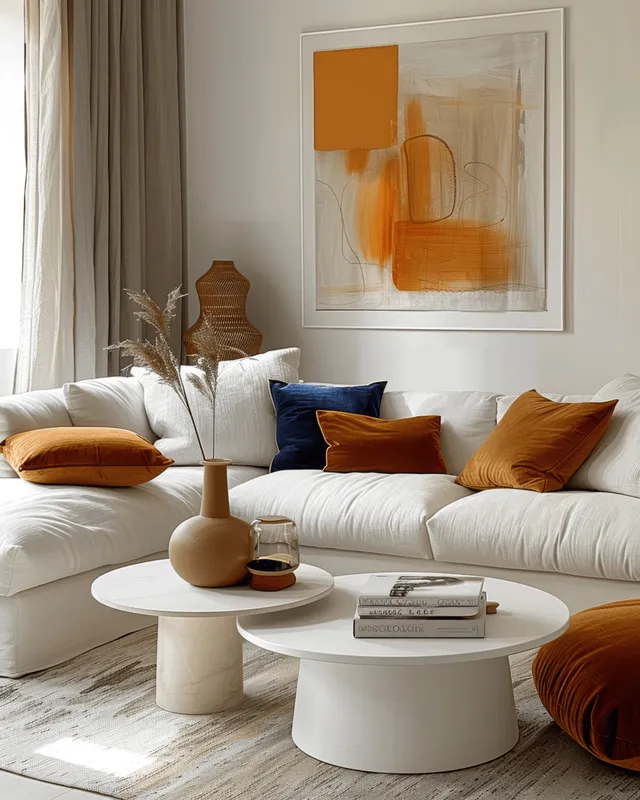 A bright minimalist living room showcases a white sectional sofa, round coffee tables, and abstract wall art with warm orange accents.