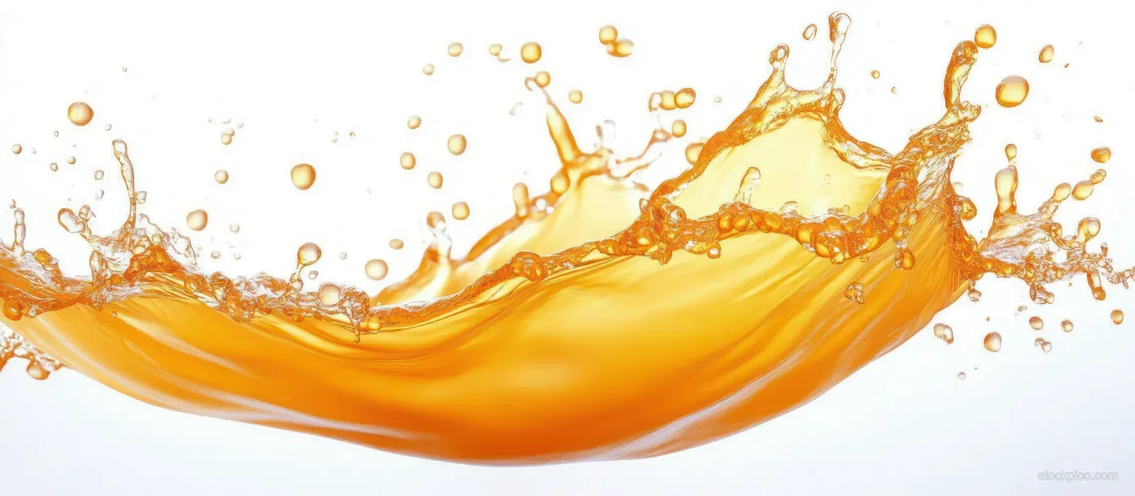 Bright orange liquid splash with droplets frozen on a white background.