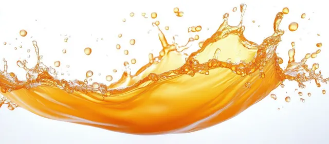 Bright orange liquid splash with droplets frozen on a white background.