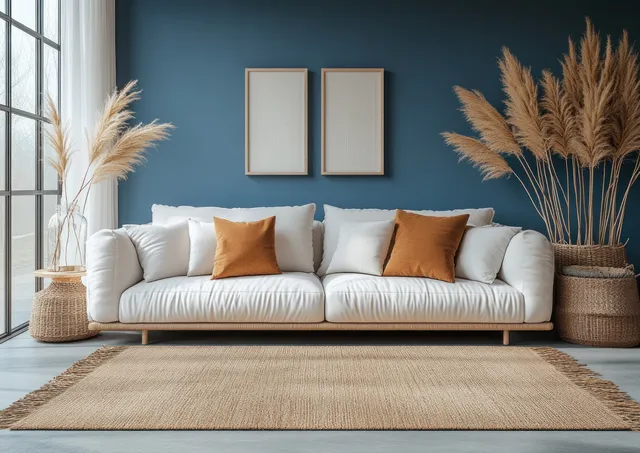 White sofa in a Scandinavian living room with navy accent wall, pampas grass vases, and warm decorative pillows.