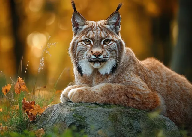 A wild lynx rests on a rock surrounded by orange autumn leaves in warm golden forest light.
