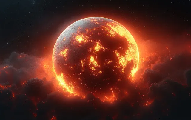 A burning Earth with glowing lava flames and surrounding fiery debris floats in dark space.