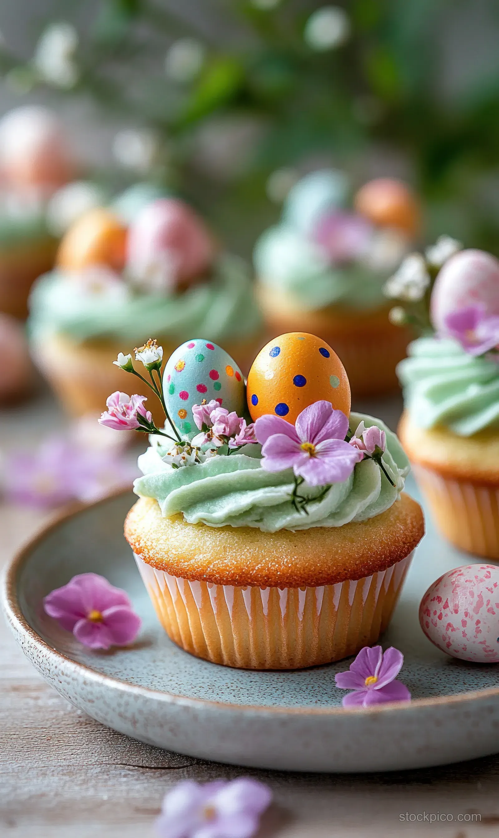 Cupcakes with pastel green frosting topped with colorful speckled eggs and pink flowers on a ceramic plate.