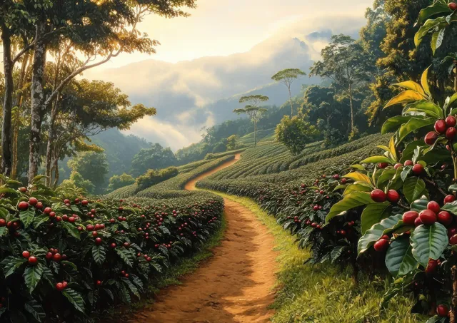 A winding dirt path runs through coffee plants with red cherries toward misty mountains at sunrise.