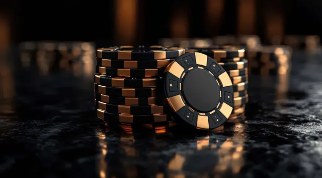 Black and gold poker chips stacked beside a gold-trimmed chip on dark casino table