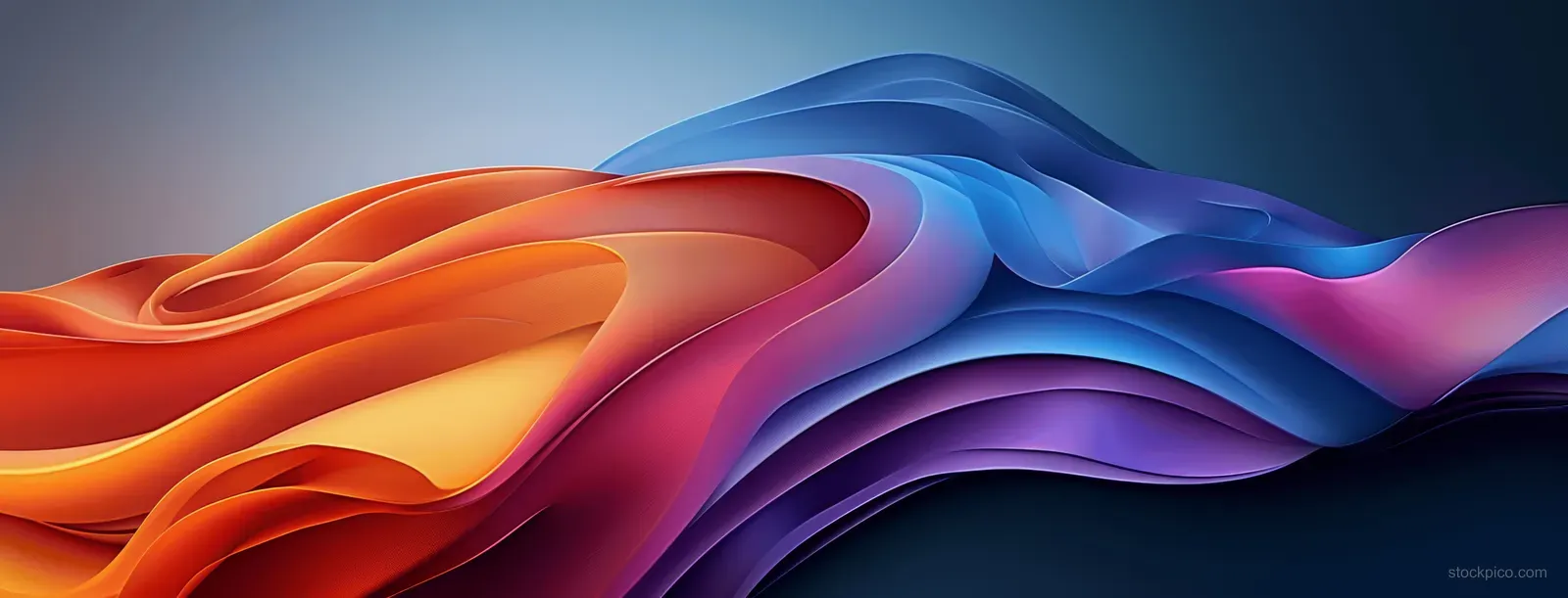 Neon orange, violet, and magenta ribbon wave twists over a dark blue abstract background with soft glow highlights.