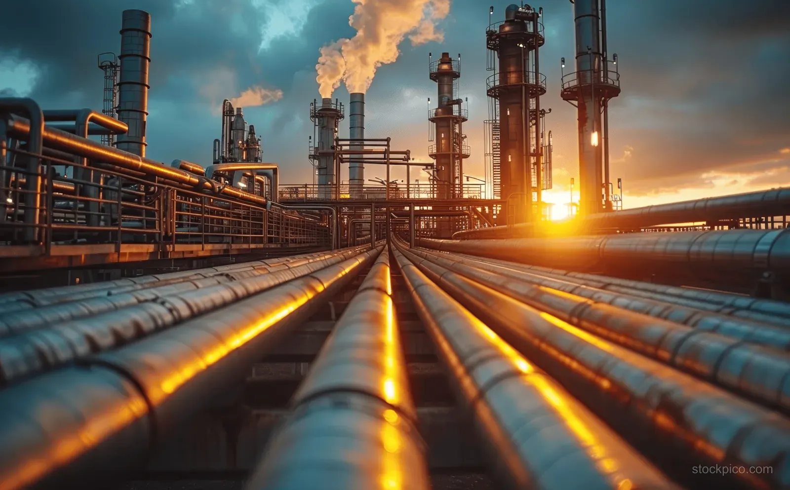 Steel refinery pipes and smokestacks emit smoke while the sunset sun flares along the pipeline corridor.