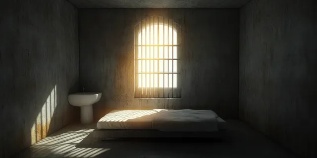 Warm sunlight through a barred window casts striped shadows over a low bed and wall-mounted sink in a bare room.