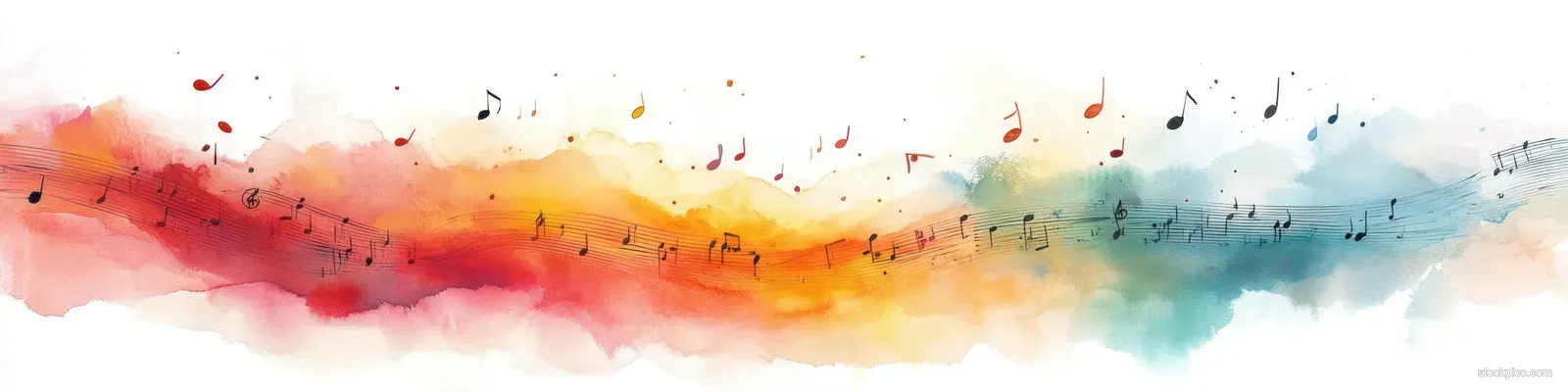 Watercolor wash blending warm reds and oranges into cool blues with scattered musical notes and staff lines.