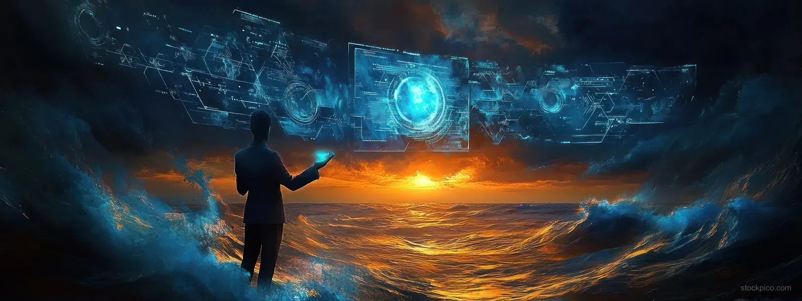 A silhouetted person controls a glowing holographic interface above turbulent ocean waves at sunset with storm clouds overhead.