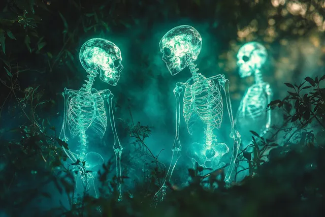 Three glowing translucent skeletons interact in a misty dark forest among tangled plants