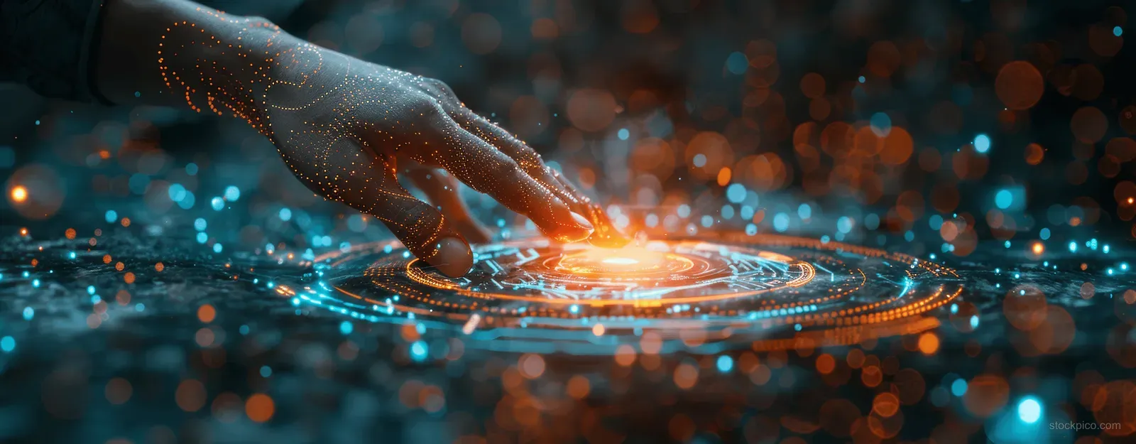 A gloved hand touches a glowing virtual screen surrounded by floating data and network nodes.