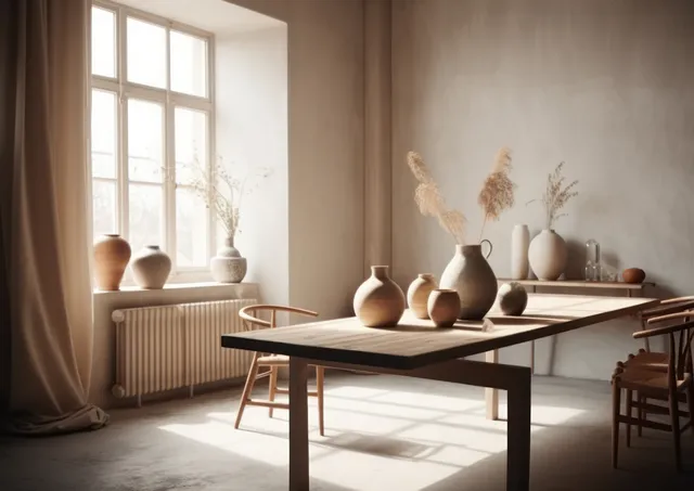 Wooden dining table with multiple ceramic vases in a sunlit Scandinavian interior near a window.