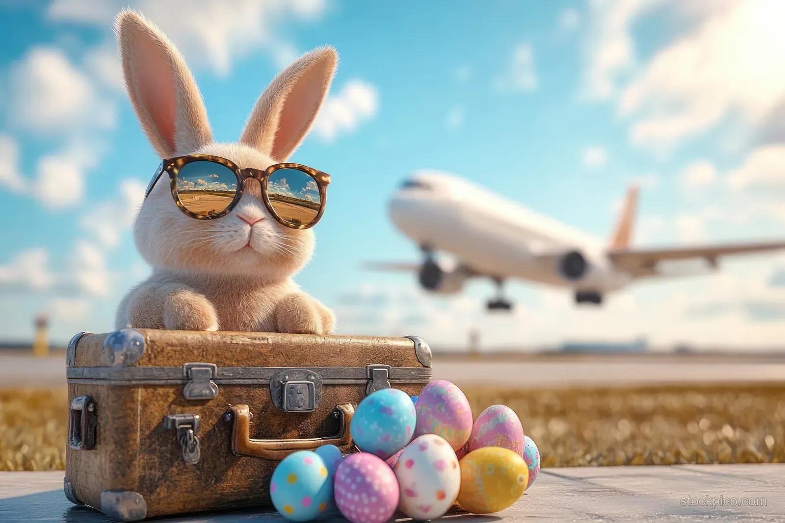 A bunny wearing sunglasses sits on a vintage suitcase next to decorated Easter eggs while an airplane takes off behind it.