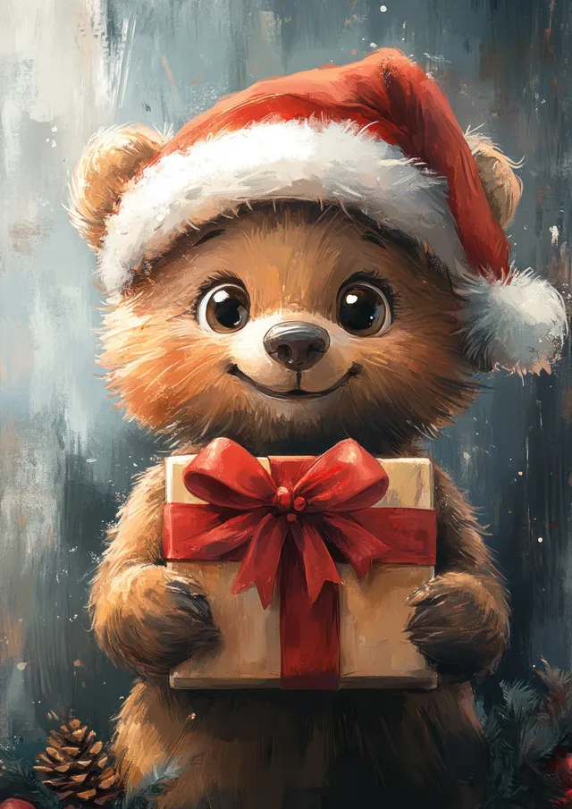 Cartoon bear wearing a Santa hat holding a Christmas gift box, snowy watercolor backdrop