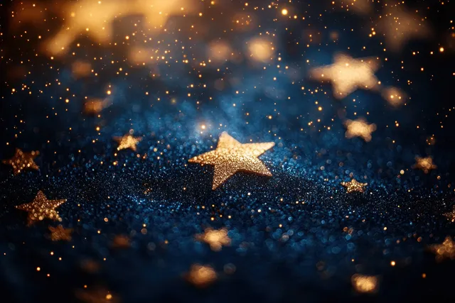 Gold star confetti glowing over deep navy bokeh night backdrop