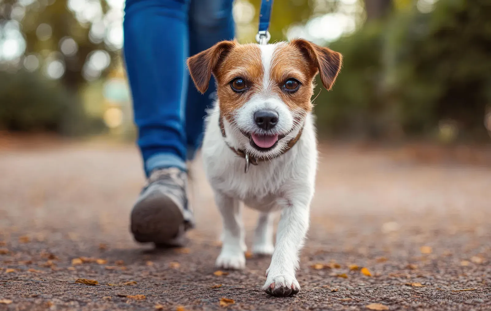 Small dog walks on a leash toward the camera as a person in jeans and sneakers follows with blurred background.