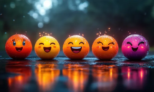 Colorful glossy emoji faces with varied expressions arranged on a dark reflective background.