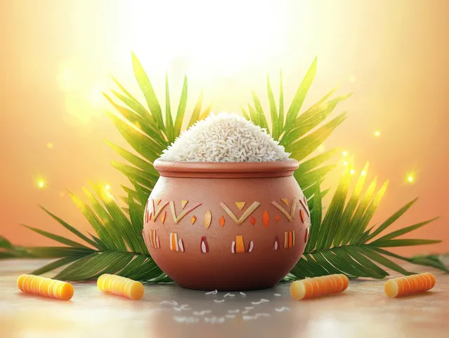 Pongal harvest ritual with clay pot filled rice and sugarcane on festive background glow