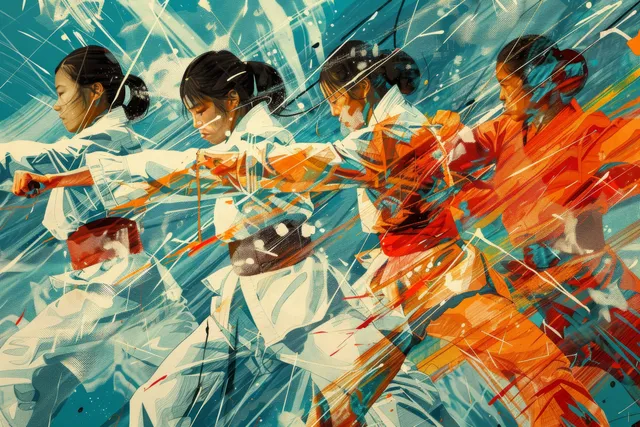 Japanese female breakdancers execute a powerful freeze move in a vibrant, dynamic scene full of energy and motion.