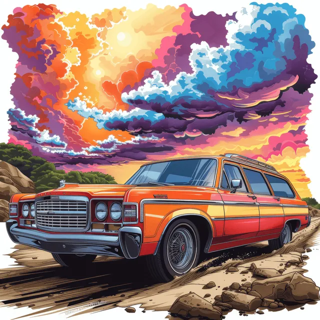 Retro station wagon sticker with thick outlines driving on a dusty road beneath swirling psychedelic clouds.