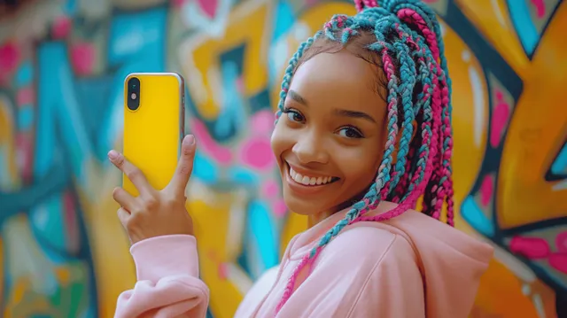 Joyful woman takes a selfie with a smartphone beside colorful graffiti wall